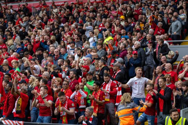 LIVERPOOL, ENGLAND - Sunday, May 22, 2022: Liverpool supporters react as Aston Villa score against Manchester City during the FA Premier League match between Liverpool FC and Wolverhampton Wanderers FC at Anfield. (Pic by David Rawcliffe/Propaganda)