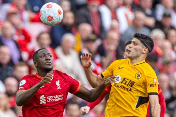 LIVERPOOL, ENGLAND - Sunday, May 22, 2022: Liverpool's Ibrahima Konaté (L) and Wolverhampton Wanderers' Raúl Jiménez during the FA Premier League match between Liverpool FC and Wolverhampton Wanderers FC at Anfield. (Pic by David Rawcliffe/Propaganda)