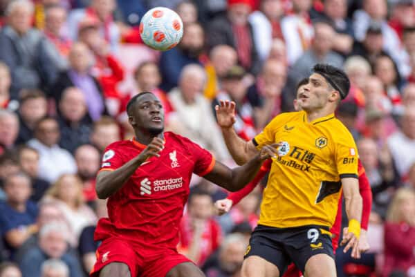 LIVERPOOL, ENGLAND - Sunday, May 22, 2022: Liverpool's Ibrahima Konaté (L) and Wolverhampton Wanderers' Raúl Jiménez during the FA Premier League match between Liverpool FC and Wolverhampton Wanderers FC at Anfield. (Pic by David Rawcliffe/Propaganda)