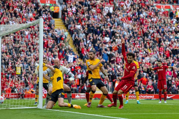 LIVERPOOL, ENGLAND - Sunday, May 22, 2022: Liverpool'selebrates after scoring the second goalhamed Salah cg2 during the FA Premier League match between Liverpool FC and Wolverhampton Wanderers FC at Anfield. (Pic by David Rawcliffe/Propaganda)