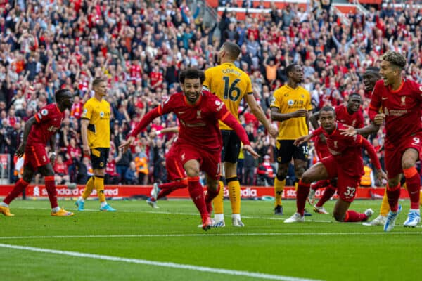 LIVERPOOL, ENGLAND - Sunday, May 22, 2022: Liverpool'selebrates after scoring the second goalhamed Salah cg2 during the FA Premier League match between Liverpool FC and Wolverhampton Wanderers FC at Anfield. (Pic by David Rawcliffe/Propaganda)