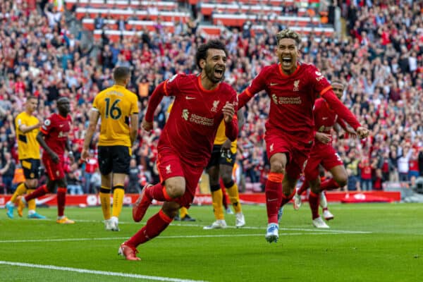 LIVERPOOL, ENGLAND - Sunday, May 22, 2022: Liverpool'selebrates after scoring the second goalhamed Salah cg2 during the FA Premier League match between Liverpool FC and Wolverhampton Wanderers FC at Anfield. (Pic by David Rawcliffe/Propaganda)