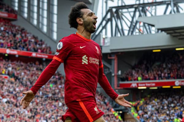 LIVERPOOL, ENGLAND - Sunday, May 22, 2022: Liverpool'selebrates after scoring the second goalhamed Salah cg2 during the FA Premier League match between Liverpool FC and Wolverhampton Wanderers FC at Anfield. (Pic by David Rawcliffe/Propaganda)