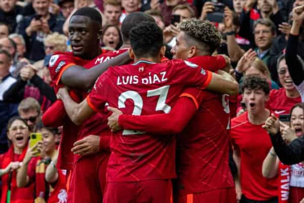 LIVERPOOL, ENGLAND - Sunday, May 22, 2022: Liverpool'selebrates after scoring the second goalhamed Salah cg2 during the FA Premier League match between Liverpool FC and Wolverhampton Wanderers FC at Anfield. (Pic by David Rawcliffe/Propaganda)