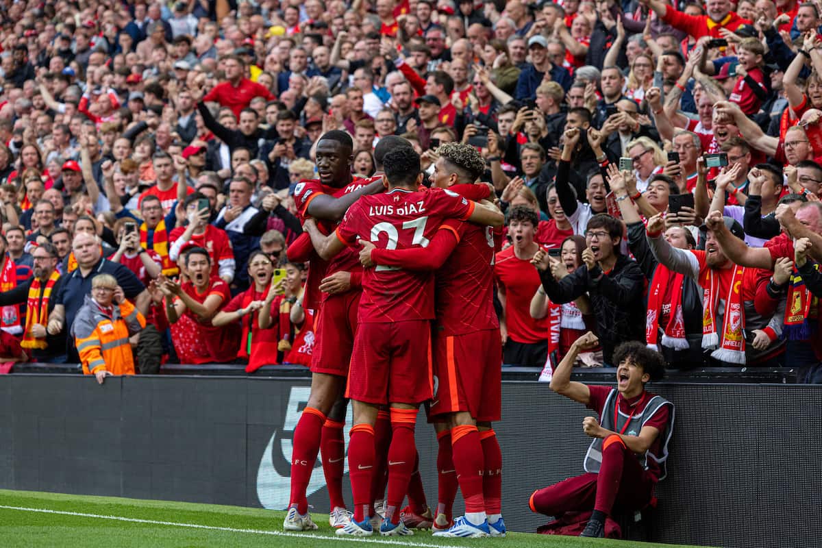 LIVERPOOL, ENGLAND - Sunday, May 22, 2022: Liverpool'selebrates after scoring the second goalhamed Salah cg2 during the FA Premier League match between Liverpool FC and Wolverhampton Wanderers FC at Anfield. (Pic by David Rawcliffe/Propaganda)