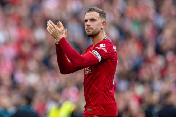 LIVERPOOL, ENGLAND - Sunday, May 22, 2022: Liverpool's captain Jordan Henderson applauds the supporters after the FA Premier League match between Liverpool FC and Wolverhampton Wanderers FC at Anfield. (Pic by David Rawcliffe/Propaganda)