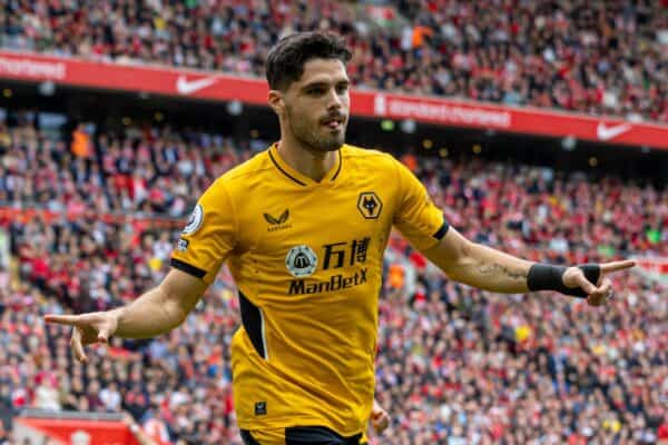 LIVERPOOL, ENGLAND - Sunday, May 22, 2022: Wolverhampton Wanderers' Pedro Neto celebrates after scoring the first goal during the FA Premier League match between Liverpool FC and Wolverhampton Wanderers FC at Anfield. (Pic by David Rawcliffe/Propaganda)