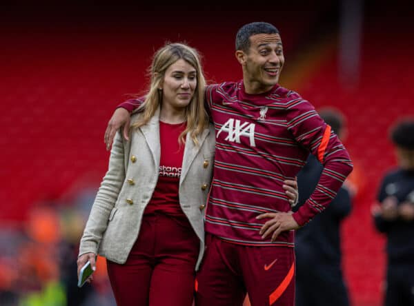 LIVERPOOL, ENGLAND - Sunday, May 22, 2022: Liverpool's Thiago Alcântara and his partner after the FA Premier League match between Liverpool FC and Wolverhampton Wanderers FC at Anfield. (Pic by David Rawcliffe/Propaganda)