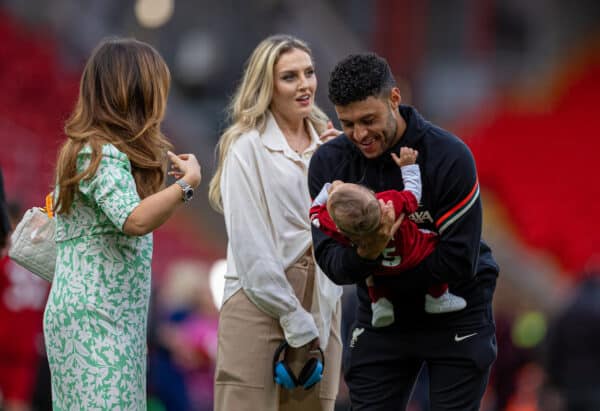 LIVERPOOL, ENGLAND - Sunday, May 22, 2022: Liverpool's Alex Oxlade-Chamberlain and his partner and baby after the FA Premier League match between Liverpool FC and Wolverhampton Wanderers FC at Anfield. (Pic by David Rawcliffe/Propaganda)