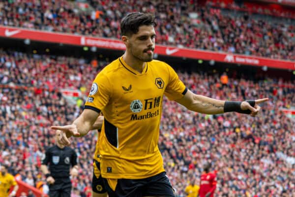 LIVERPOOL, ENGLAND - Sunday, May 22, 2022: Wolverhampton Wanderers' Pedro Neto celebrates after scoring the first goal during the FA Premier League match between Liverpool FC and Wolverhampton Wanderers FC at Anfield. (Pic by David Rawcliffe/Propaganda)