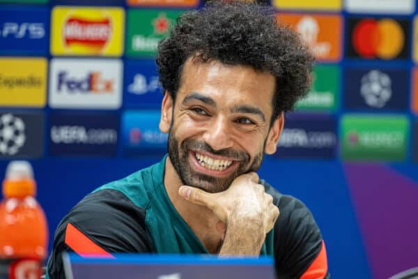 LIVERPOOL, ENGLAND - Wednesday, May 25, 2022: Liverpool's Mohamed Salah during a press conference at the AXA Training Centre ahead of the UEFA Champions League Final game between Liverpool FC and Real Madrid CF. (Pic by David Rawcliffe/Propaganda)