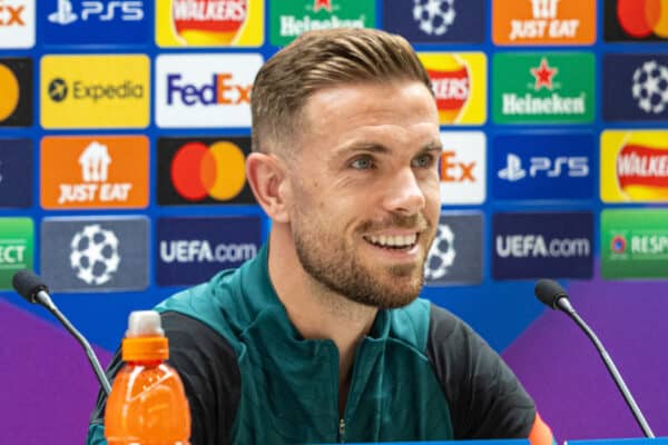 LIVERPOOL, ENGLAND - Wednesday, May 25, 2022: Liverpool's Mohamed Salah (L) and captain Jordan Henderson during a press conference at the AXA Training Centre ahead of the UEFA Champions League Final game between Liverpool FC and Real Madrid CF. (Pic by David Rawcliffe/Propaganda)