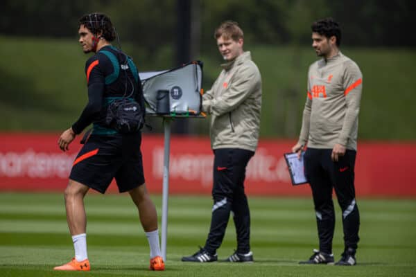 LIVERPOOL, ENGLAND - Wednesday, May 25, 2022: Liverpool's Trent Alexander-Arnold takes a free-kick wearing sensors on his head from Neuro during a training session at the AXA Training Centre ahead of the UEFA Champions League Final game between Liverpool FC and Real Madrid CF. (Pic by David Rawcliffe/Propaganda)