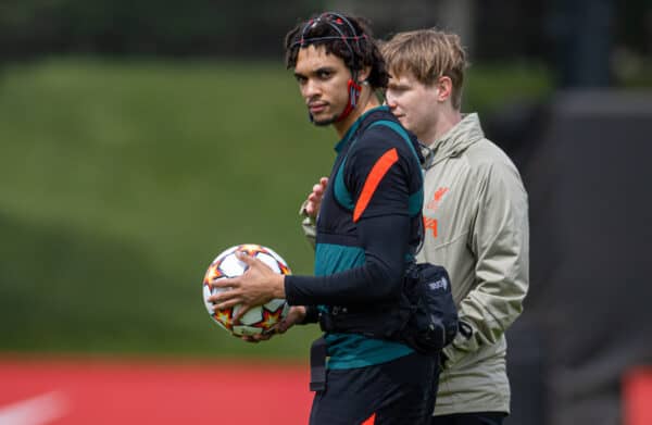 LIVERPOOL, ENGLAND - Wednesday, May 25, 2022: Liverpool's Trent Alexander-Arnold takes a free-kick wearing sensors on his head from Neuro during a training session at the AXA Training Centre ahead of the UEFA Champions League Final game between Liverpool FC and Real Madrid CF. (Pic by David Rawcliffe/Propaganda)