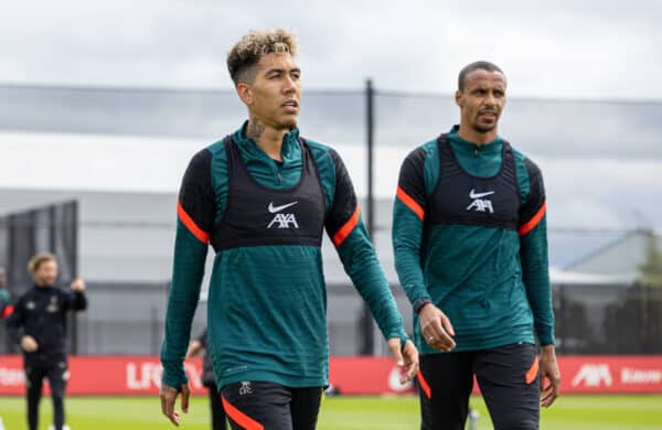 LIVERPOOL, ENGLAND - Wednesday, May 25, 2022: Liverpool's Roberto Firmino (L) and Joel Matip during a training session at the AXA Training Centre ahead of the UEFA Champions League Final game between Liverpool FC and Real Madrid CF. (Pic by David Rawcliffe/Propaganda)