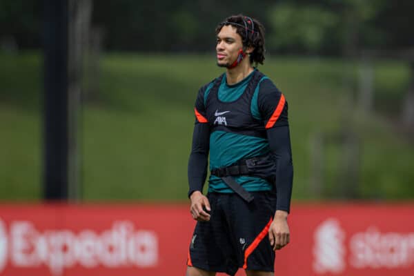 LIVERPOOL, ENGLAND - Wednesday, May 25, 2022: Liverpool's Trent Alexander-Arnold wearing sensors on his head from Neuro during a training session at the AXA Training Centre ahead of the UEFA Champions League Final game between Liverpool FC and Real Madrid CF. (Pic by David Rawcliffe/Propaganda)