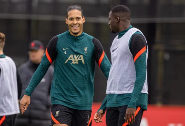 LIVERPOOL, ENGLAND - Wednesday, May 25, 2022: Liverpool's Virgil van Dijk (L) and Ibrahima Konaté during a training session at the AXA Training Centre ahead of the UEFA Champions League Final game between Liverpool FC and Real Madrid CF. (Pic by David Rawcliffe/Propaganda)