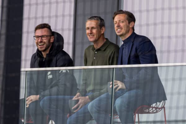 LIVERPOOL, ENGLAND - Wednesday, May 25, 2022: Liverpool's Director of Football Michael Edwards (R), Chief Scout Barry Hunter (M) and Sporting Director Julian Ward (L) during a training session at the AXA Training Centre ahead of the UEFA Champions League Final game between Liverpool FC and Real Madrid CF. (Pic by David Rawcliffe/Propaganda)