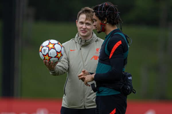 LIVERPOOL, ENGLAND - Wednesday, May 25, 2022: Liverpool's Trent Alexander-Arnold wearing sensors on his head from Neuro11 during a training session at the AXA Training Centre ahead of the UEFA Champions League Final game between Liverpool FC and Real Madrid CF. (Pic by David Rawcliffe/Propaganda)