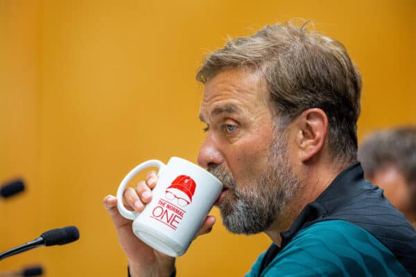  Liverpool's manager Jürgen Klopp drinks from a coffe mug with 'The Normal One" printed on it during a press conference at the AXA Training Centre ahead of the UEFA Champions League Final game between Liverpool FC and Real Madrid CF. (Pic by David Rawcliffe/Propaganda)