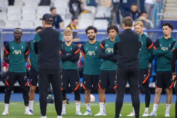 PARIS, FRANCE - Friday, May 27, 2022: Liverpool's Roberto Firmino, Harvey Elliott, Mohamed Salah, Trent Alexander-Arnold during a training session at the Stade de France ahead of the UEFA Champions League Final game between Liverpool FC and Real Madrid CF. (Pic by David Rawcliffe/Propaganda)