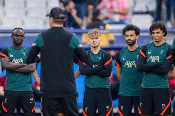 PARIS, FRANCE - Friday, May 27, 2022: Liverpool's Roberto Firmino, Harvey Elliott, Mohamed Salah, Trent Alexander-Arnold during a training session at the Stade de France ahead of the UEFA Champions League Final game between Liverpool FC and Real Madrid CF. (Pic by David Rawcliffe/Propaganda)