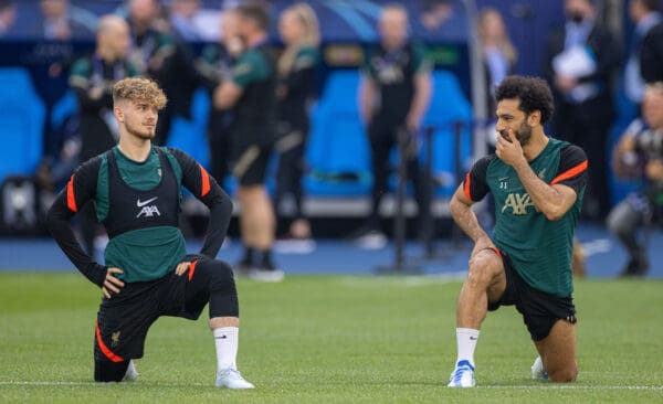 PARIS, FRANCE - Friday, May 27, 2022: Liverpool's Mohamed Salah (R) and Harvey Elliott during a training session at the Stade de France ahead of the UEFA Champions League Final game between Liverpool FC and Real Madrid CF. (Pic by David Rawcliffe/Propaganda)