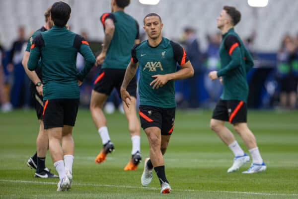 PARIS, FRANCE - Friday, May 27, 2022: Liverpool's Thiago Alcântara during a training session at the Stade de France ahead of the UEFA Champions League Final game between Liverpool FC and Real Madrid CF. (Pic by David Rawcliffe/Propaganda)