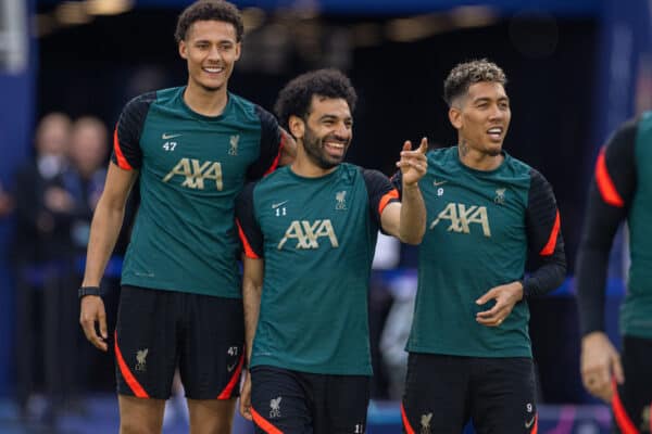 PARIS, FRANCE - Friday, May 27, 2022: Liverpool's Mohamed Salah (C) with team-mates Roberto Firmino (R) and Rhys Williams (L) during a training session at the Stade de France ahead of the UEFA Champions League Final game between Liverpool FC and Real Madrid CF. (Pic by David Rawcliffe/Propaganda)