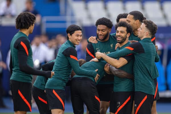 PARIS, FRANCE - Friday, May 27, 2022: Liverpool's Mohamed Salah and team-mates during a training session at the Stade de France ahead of the UEFA Champions League Final game between Liverpool FC and Real Madrid CF. (Pic by David Rawcliffe/Propaganda)