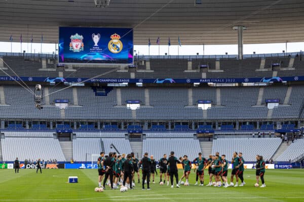 PARIS, FRANCE - Friday, May 27, 2022: Liverpool's manager Jürgen Klopp and his squad during a training session at the Stade de France ahead of the UEFA Champions League Final game between Liverpool FC and Real Madrid CF. (Pic by David Rawcliffe/Propaganda)