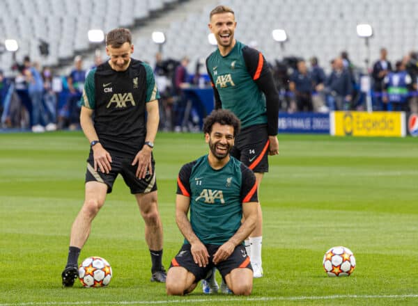 PARIS, FRANCE - Friday, May 27, 2022: Liverpool's Mohamed Salah (C) and captain Jordan Henderson (R) during a training session at the Stade de France ahead of the UEFA Champions League Final game between Liverpool FC and Real Madrid CF. (Pic by David Rawcliffe/Propaganda)