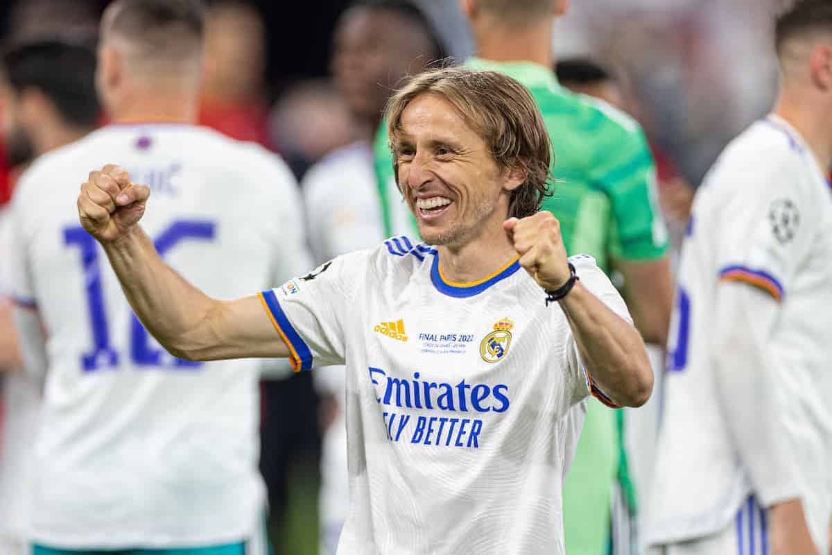 PARIS, FRANCE - Saturday, May 28, 2022: Real Madrid's Luka Modric? celebrates after the UEFA Champions League Final game between Liverpool FC and Real Madrid CF at the Stade de France. (Photo by David Rawcliffe/Propaganda)