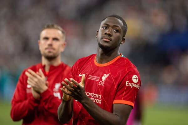 PARIS, FRANCE - Saturday, May 28, 2022: Liverpool's Ibrahima Konaté looks dejected after the UEFA Champions League Final game between Liverpool FC and Real Madrid CF at the Stade de France. Real Madrid won 1-0. (Photo by David Rawcliffe/Propaganda)