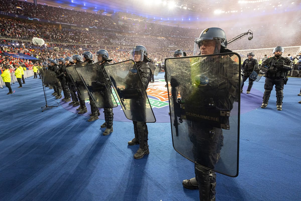 PARIS, FRANCE - Saturday, May 28, 2022: French riot police with tear gas guns inside the stadium during the UEFA Champions League Final game between Liverpool FC and Real Madrid CF at the Stade de France. (Photo by David Rawcliffe/Propaganda)