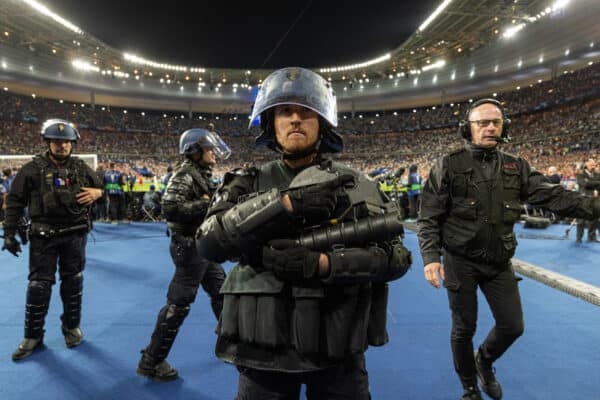 PARIS, FRANCE - Saturday, May 28, 2022: French riot police with tear gas guns inside the stadium during the UEFA Champions League Final game between Liverpool FC and Real Madrid CF at the Stade de France. (Photo by David Rawcliffe/Propaganda)