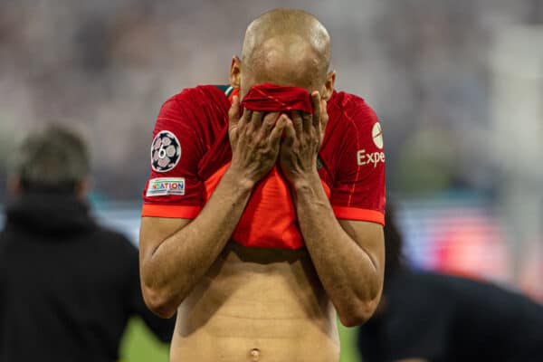 PARIS, FRANCE - Saturday, May 28, 2022: Liverpool's Fabio Henrique Tavares 'Fabinho' looks dejected at the final whistle during the UEFA Champions League Final game between Liverpool FC and Real Madrid CF at the Stade de France. Real Madrid won 1-0. (Photo by David Rawcliffe/Propaganda)