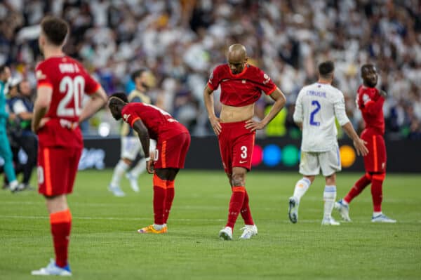 PARIS, FRANCE - Saturday, May 28, 2022: Liverpool's Fabio Henrique Tavares 'Fabinho' looks dejected at the final whistle during the UEFA Champions League Final game between Liverpool FC and Real Madrid CF at the Stade de France. Real Madrid won 1-0. (Photo by David Rawcliffe/Propaganda)