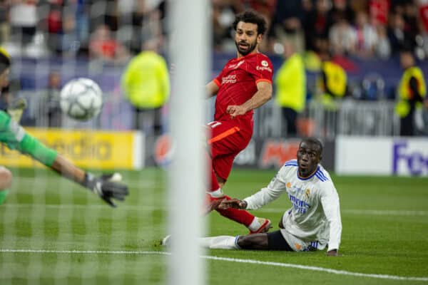 PARIS, FRANCE - Saturday, May 28, 2022: Liverpool's Mohamed Salah during the UEFA Champions League Final game between Liverpool FC and Real Madrid CF at the Stade de France. (Photo by David Rawcliffe/Propaganda)