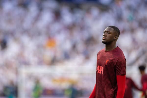 PARIS, FRANCE - Saturday, May 28, 2022: Liverpool's Ibrahima Konaté during the pre-match warm-up before the UEFA Champions League Final game between Liverpool FC and Real Madrid CF at the Stade de France. (Photo by David Rawcliffe/Propaganda)