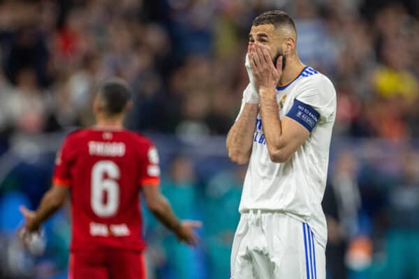 PARIS, FRANCE - Saturday, May 28, 2022: Real Madrid's Karim Benzema waits for a VAR decision during the UEFA Champions League Final game between Liverpool FC and Real Madrid CF at the Stade de France. (Photo by David Rawcliffe/Propaganda)