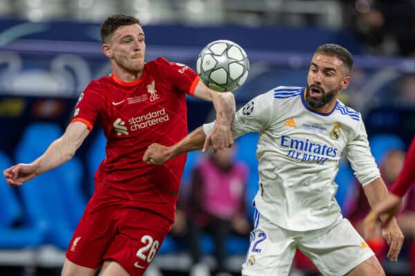 Liverpool's Andrew Robertson heads the ball during the Champions League  final soccer match between Liverpool and Real Madrid at the Stade de France  in Saint Denis near Paris, Saturday, May 28, 2022. (