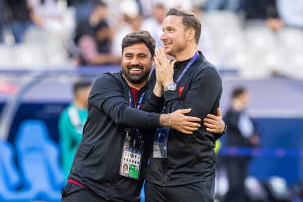 PARIS, FRANCE - Saturday, May 28, 2022: Liverpool's elite development coach Vitor Matos (L) and first-team development coach Pepijn Lijnders before the UEFA Champions League Final game between Liverpool FC and Real Madrid CF at the Stade de France. (Photo by David Rawcliffe/Propaganda)