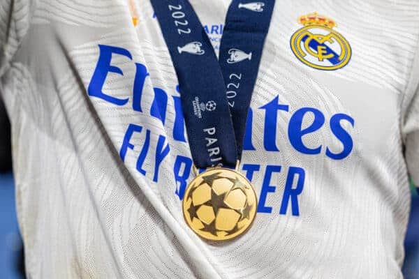 PARIS, FRANCE - Saturday, May 28, 2022: Champions League winners' goal medal during the UEFA Champions League Final game between Liverpool FC and Real Madrid CF at the Stade de France. (Photo by David Rawcliffe/Propaganda)