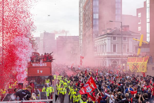 LIVERPOOL, ENGLAND - Sunday, May 29, 2022: Liverpool players during an open top bus parade around the city after the club won the Cup Double, the FA Cup and Football League Cup. (Photo by David Rawcliffe/Propaganda)