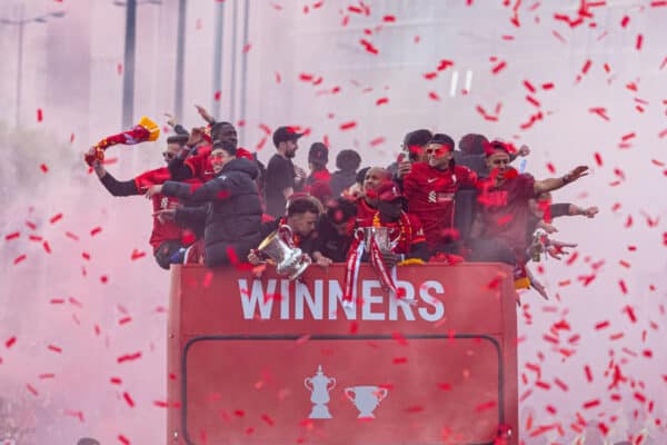 LIVERPOOL, ENGLAND - Sunday, May 29, 2022: Liverpool players during an open top bus parade around the city after the club won the Cup Double, the FA Cup and Football League Cup. (Photo by David Rawcliffe/Propaganda)