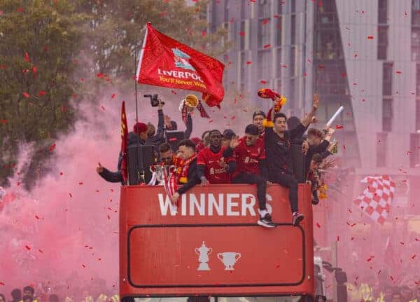 LIVERPOOL, ENGLAND - Sunday, May 29, 2022: Liverpool players on an open top bus parade around the city after the club won the Cup Double, the FA Cup and Football League Cup. (Photo by David Rawcliffe/Propaganda)