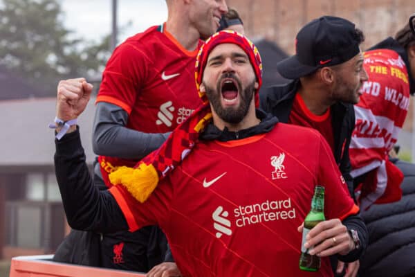 LIVERPOOL, ENGLAND - Sunday, May 29, 2022: Liverpool's goalkeeper Alisson Becker during an open top bus parade around the city after the club won the Cup Double, the FA Cup and Football League Cup. (Photo by David Rawcliffe/Propaganda)