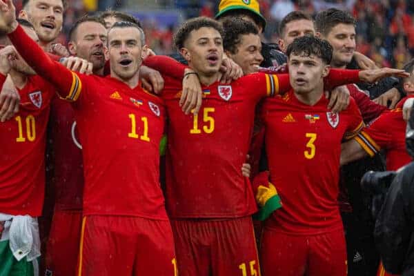 CARDIFF, WALES - Sunday, June 5, 2022: Wales' captain Gareth Bale celebrates with team-mates Connor Roberts, Kieffer Moore, Chris Gunter, Ethan Ampadu and Neco Williams after the FIFA World Cup Qatar 2022 Qualifying Play-Off Final match between Wales and Ukraine at the Cardiff City Stadium. Wales won 1-0. (Pic by David Rawcliffe/Propaganda)