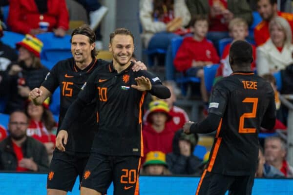 CARDIFF, WALES - Wednesday, June 8, 2022: Netherlands' Teun Koopmeiners (#20) celebrates after scoring the opening goal during the UEFA Nations League Group A4 game between Wales and the Netherlands at the Cardiff City Stadium. (Photo by David Rawcliffe/Propaganda)